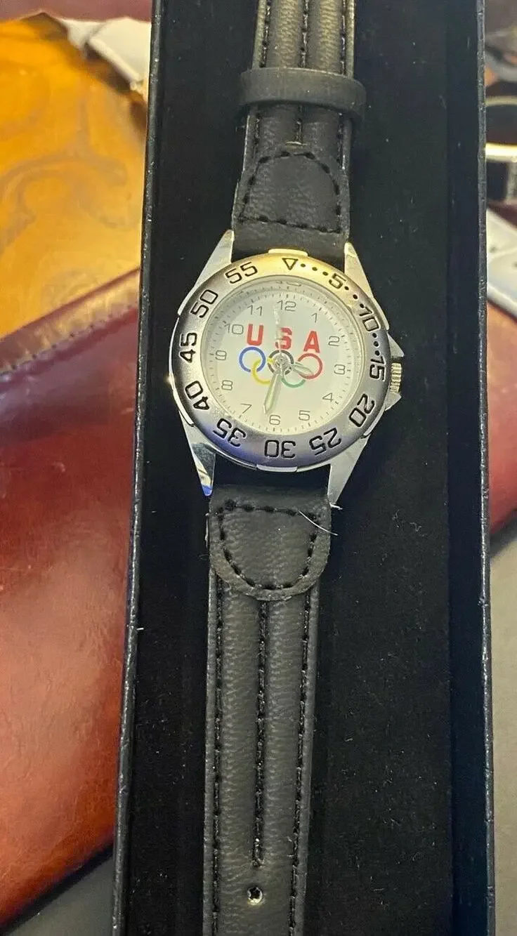 RARE VTG 35mm DiMaggio Timepieces USA Olympics Watch, Thick Leather Band, NIB